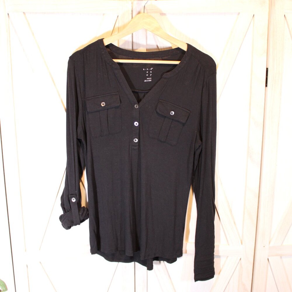 A New Day Black Button Front Henley Top Size Medium